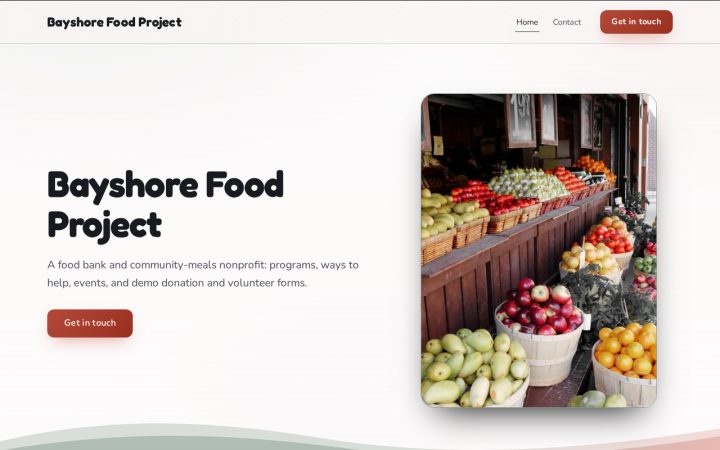 Home page of Bayshore Food Project, an example local service business website made with the builder