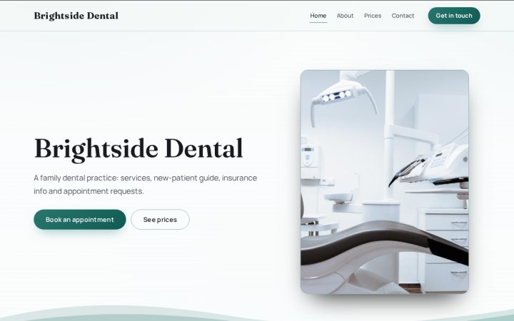 Home page of Brightside Dental, an example wellness practice website made with the builder