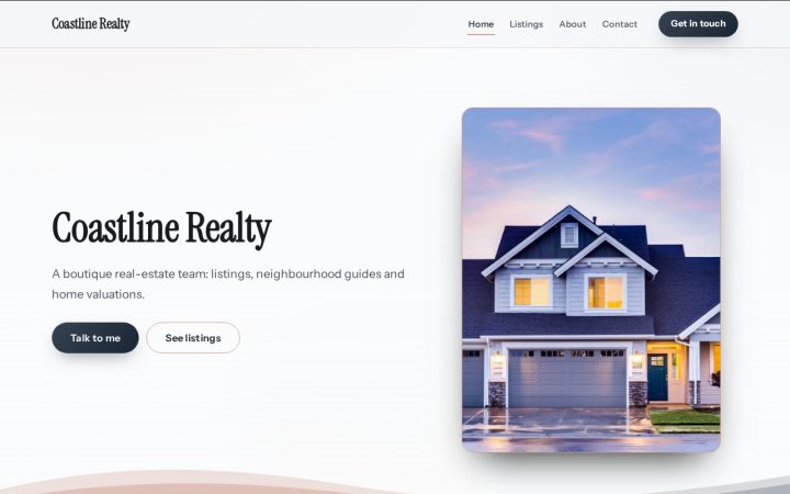 Home page of Coastline Realty, an example real estate agent website made with the builder