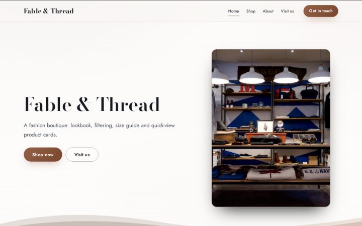 Home page of Fable & Thread, an example website