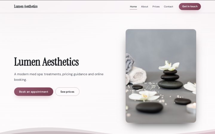 Home page of Lumen Aesthetics, an example website