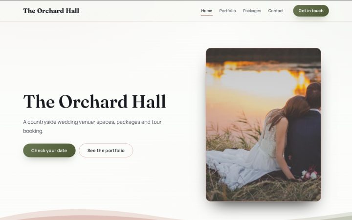 Home page of The Orchard Hall, an example photography website made with the builder