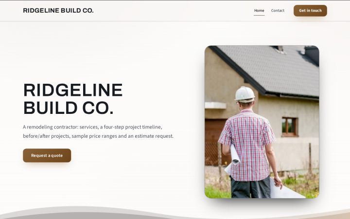 Home page of Ridgeline Build Co., an example website