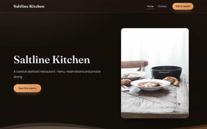 Home page of Saltline Kitchen, an example restaurant or café website made with the builder
