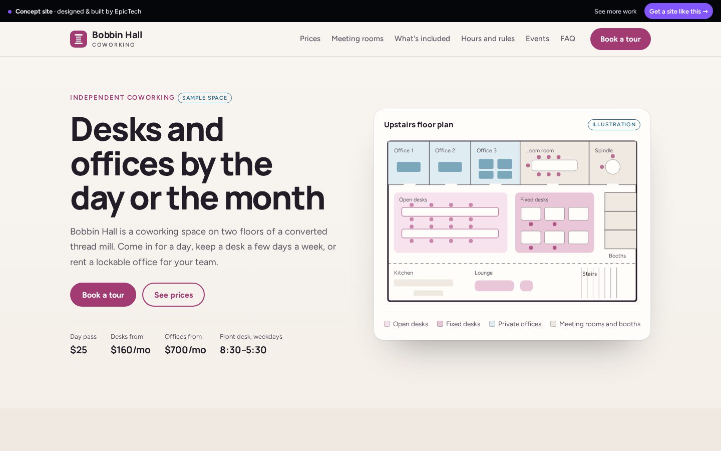 Bobbin Hall Coworking website (concept)