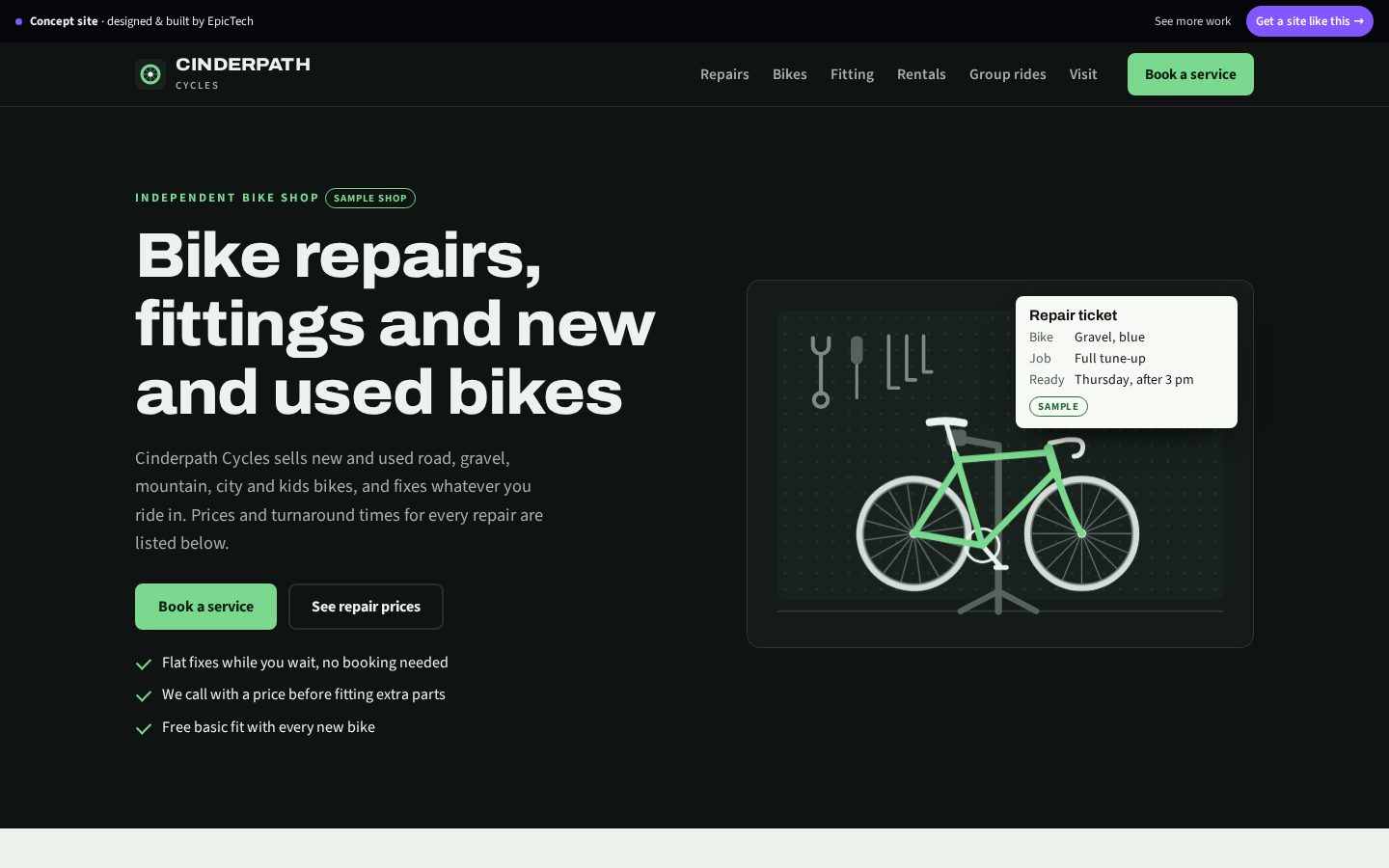 Cinderpath Cycles website (concept)