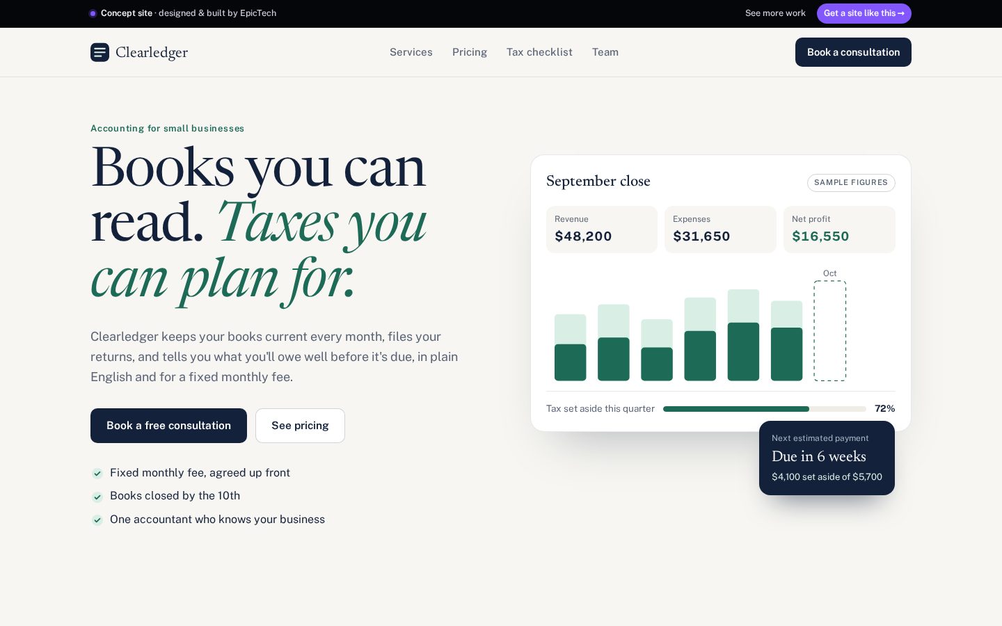 Clearledger Accounting homepage on a desktop screen