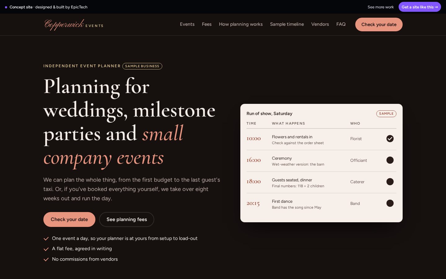 Copperwick Events website (concept)
