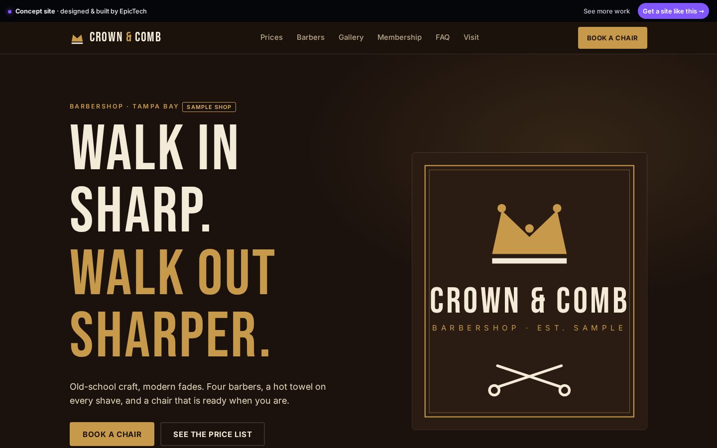 Crown & Comb Barbershop website (concept)