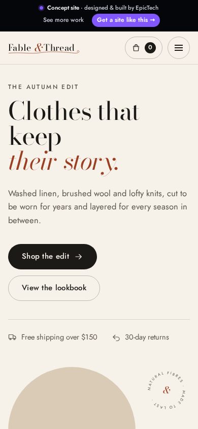 Fable & Thread homepage on a phone