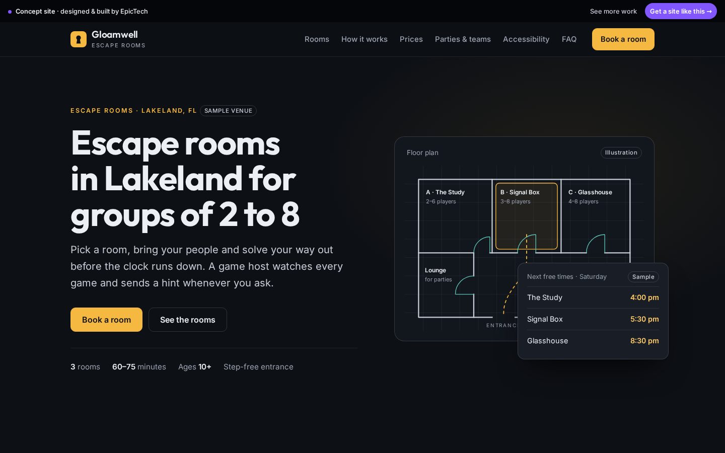 Gloamwell Escape Rooms website (concept)