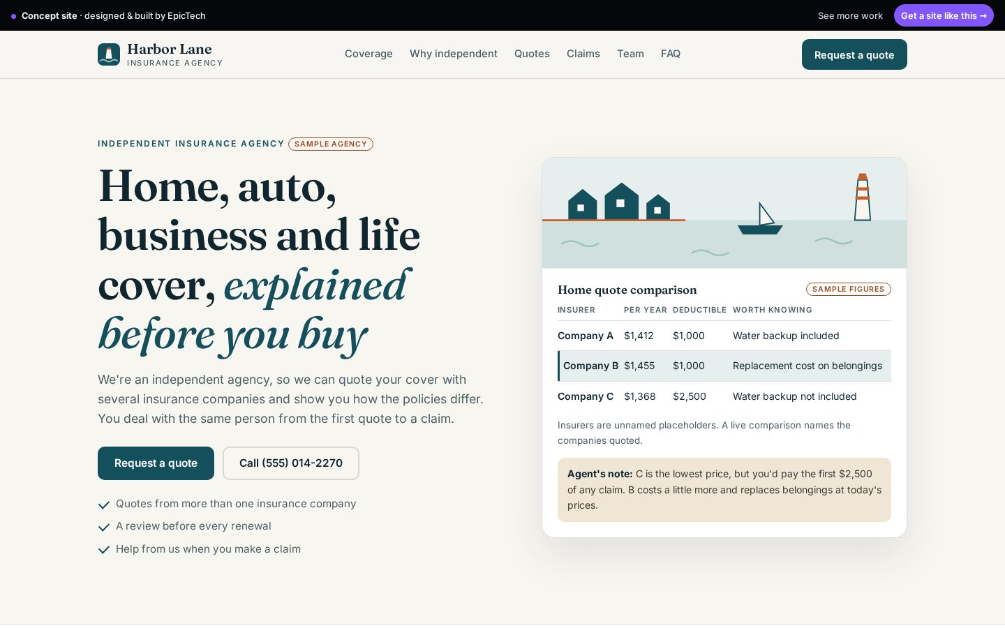 Harbor Lane Insurance website (concept)