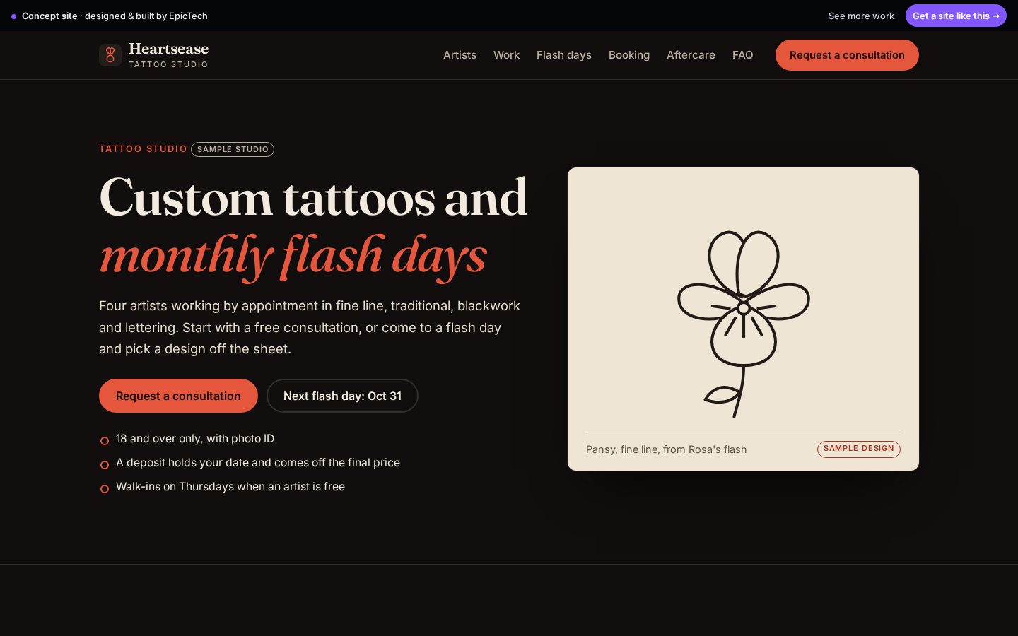 Heartsease Tattoo website (concept)