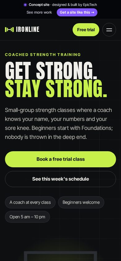 Ironline Fitness homepage on a phone