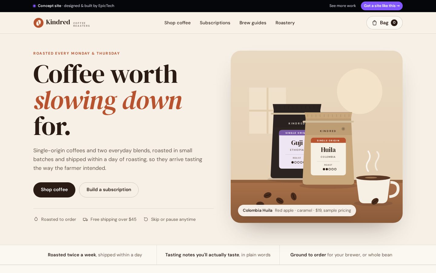 Kindred Coffee Roasters homepage on a desktop screen