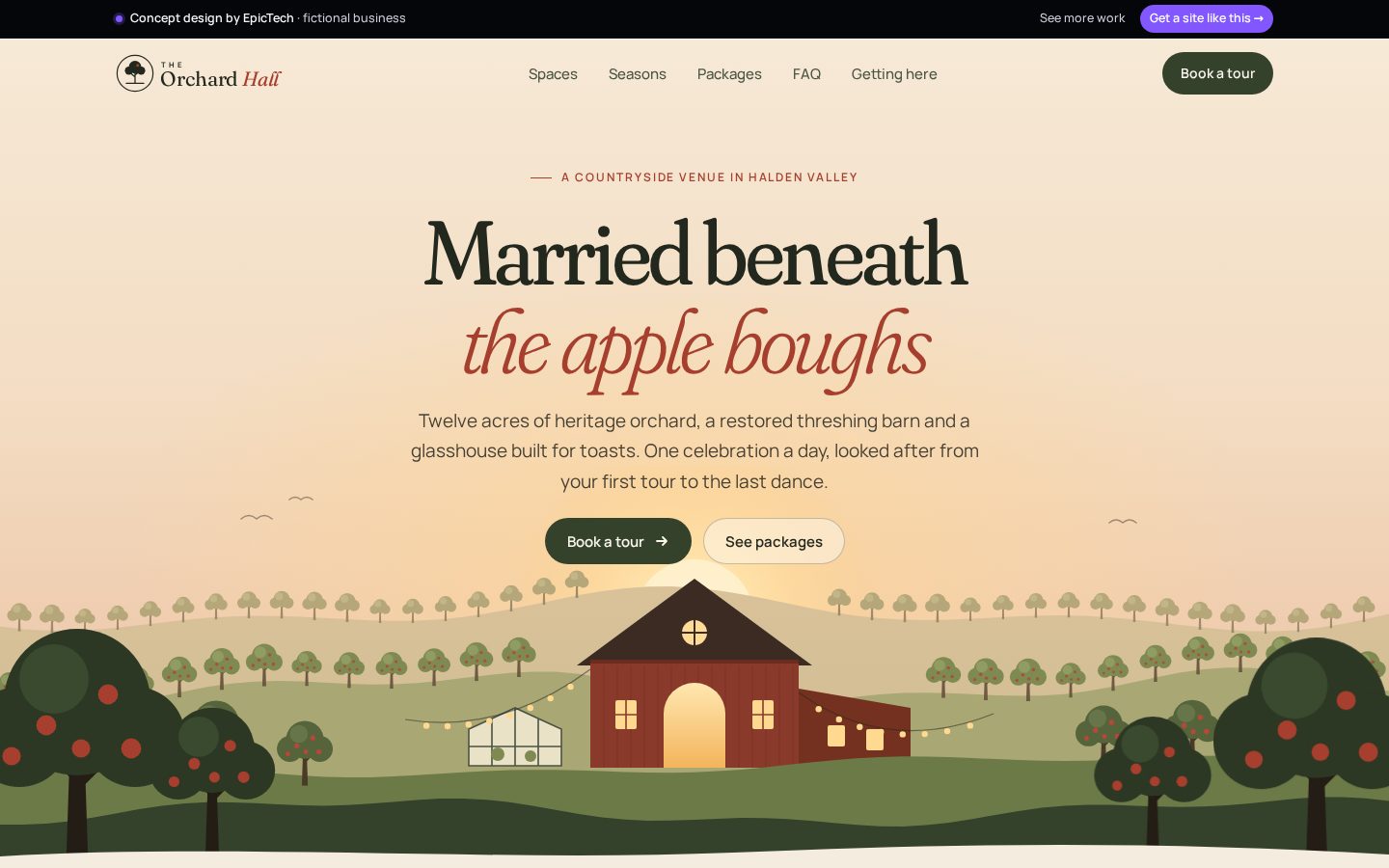The Orchard Hall homepage on a desktop screen