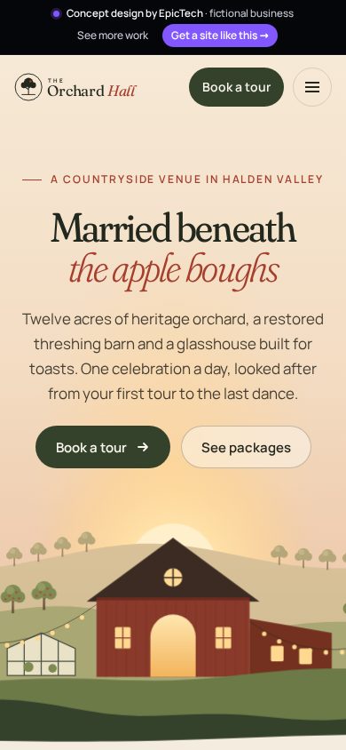 The Orchard Hall homepage on a phone