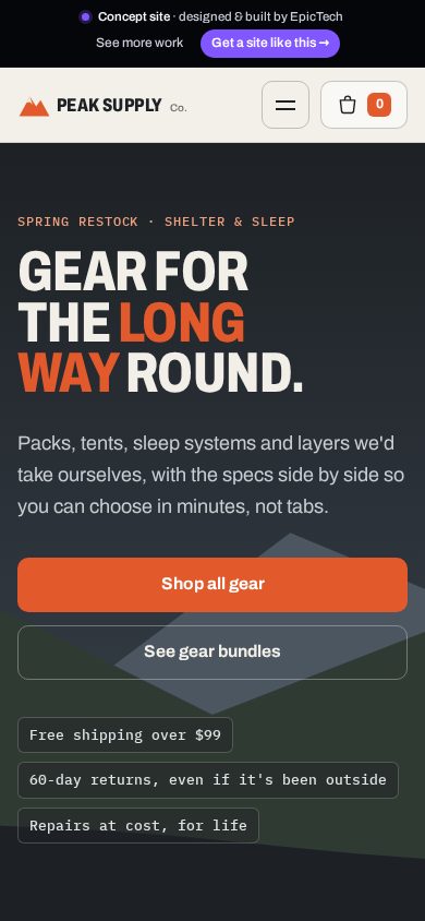 Peak Supply Co. homepage on a phone