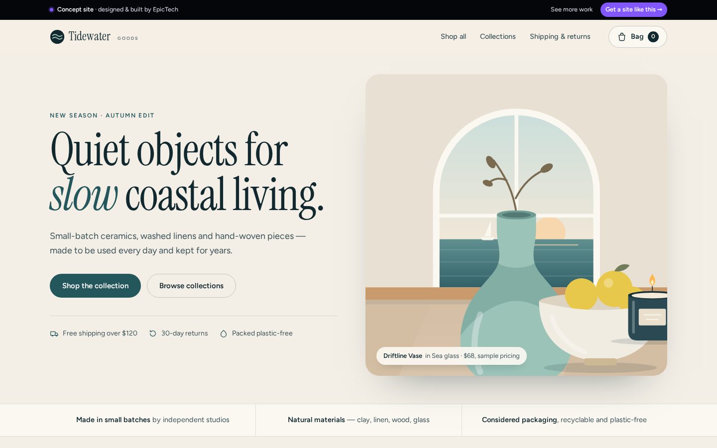 Tidewater Goods homepage on a desktop screen