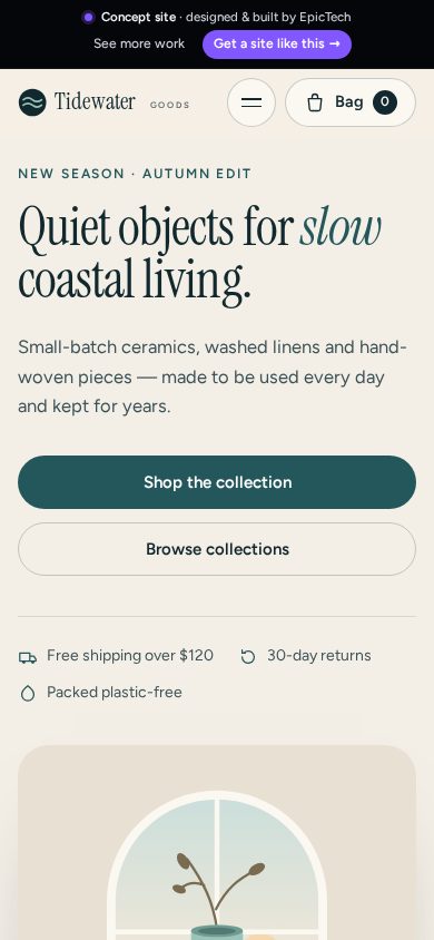 Tidewater Goods homepage on a phone
